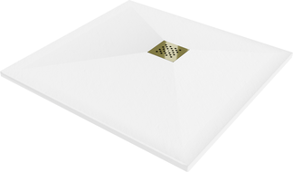 Mexen Stone+ štvorcová kompozitná sprchová vanička 70 x 70 cm, biela, zlatý kryt - 44107070-G
