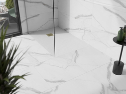 Mexen Stone+ štvorcová kompozitná vanička 120 x 100 cm, biela, zlatý kryt - 44101012-G