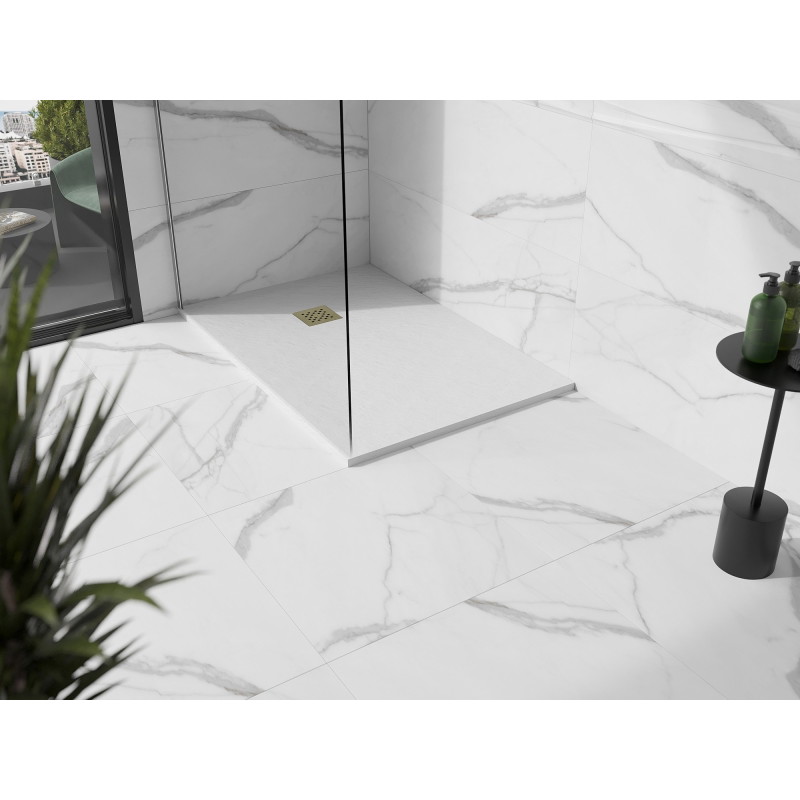 Mexen Stone+ obdĺžniková kompozitná sprchová vanička 130 x 70 cm, biela, zlatá krytka - 44107013-G