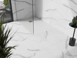 Mexen Stone+ kompozitová obdĺžniková sprchová vanička 110 x 80 cm, biela, zlatá krytka - 44108011-G