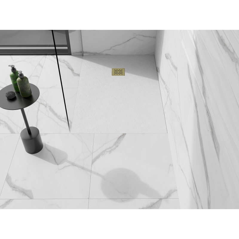 Mexen Stone+ kompozitná obdĺžniková sprchová vanička 110 x 70 cm, biela, zlatá krytka - 44107011-G