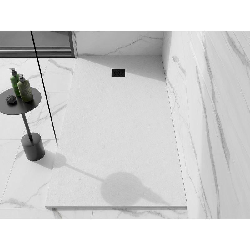 Mexen Stone+ kompozitová obdĺžniková sprchová vanička 160 x 90 cm, biela, čierna krytka - 44109016-B