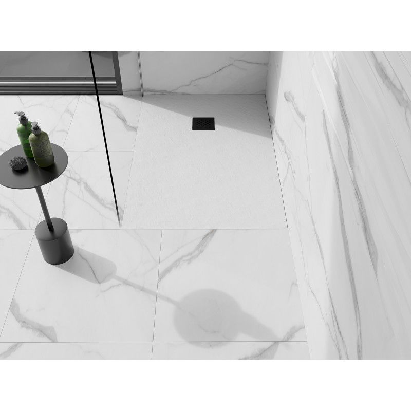 Mexen Stone+ kompozitová obdĺžniková sprchová vanička 140 x 70 cm, biela, čierna krytka - 44107014-B