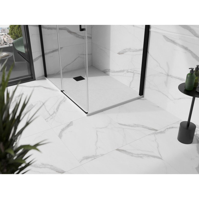 Mexen Stone+ kompozitová obdĺžniková sprchová vanička 100 x 80 cm, biela, čierny kryt - 44108010-B