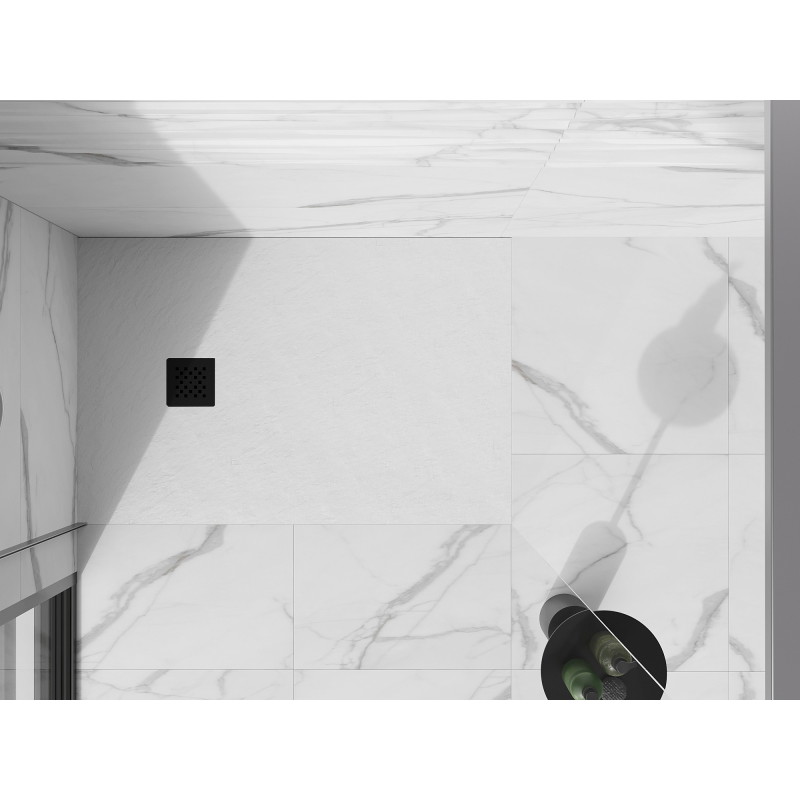Mexen Stone+ kompozitová obdĺžniková sprchová vanička 100 x 80 cm, biela, čierny kryt - 44108010-B