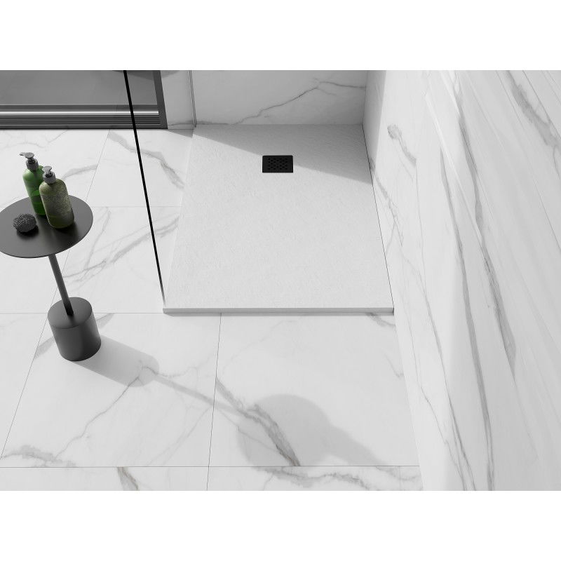 Mexen Stone+ kompozitová obdĺžniková sprchová vanička 120 x 80 cm, biela, čierna krytka - 44108012-B