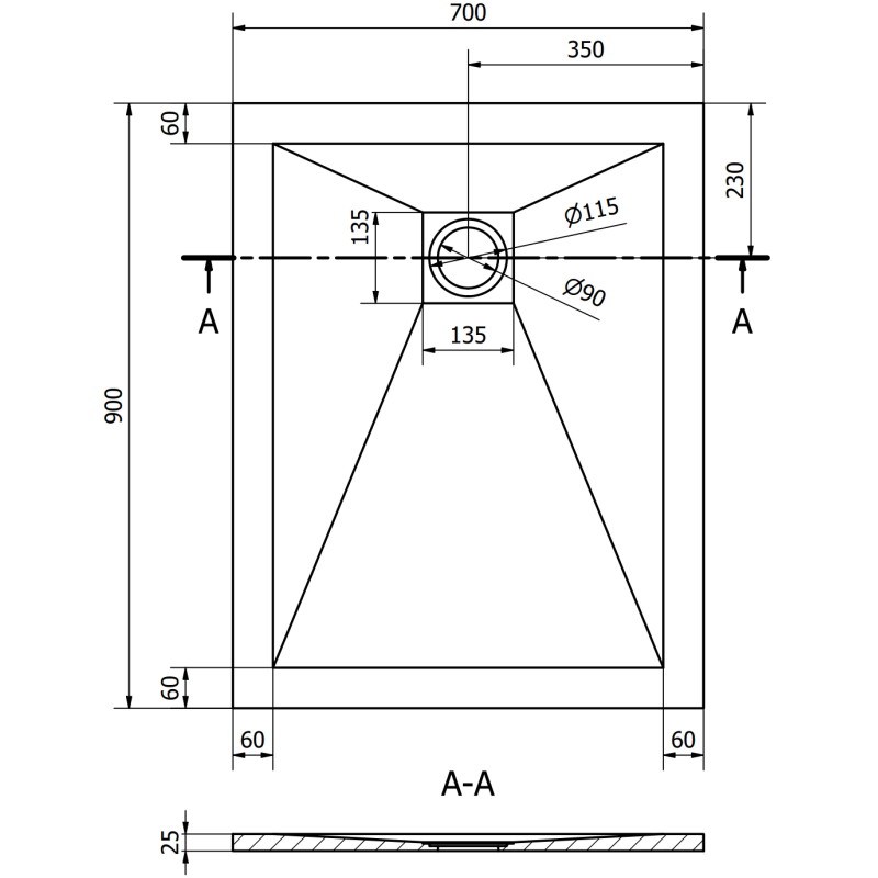 Mexen Stone+ kompozitová obdĺžniková sprchová vanička 90 x 70 cm, biela, čierna krytka - 44107090-B