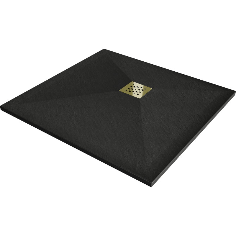 Mexen Stone+ kompozitová štvorcová sprchová vanička 100 x 100 cm, čierna, zlatý kryt - 44701010-G