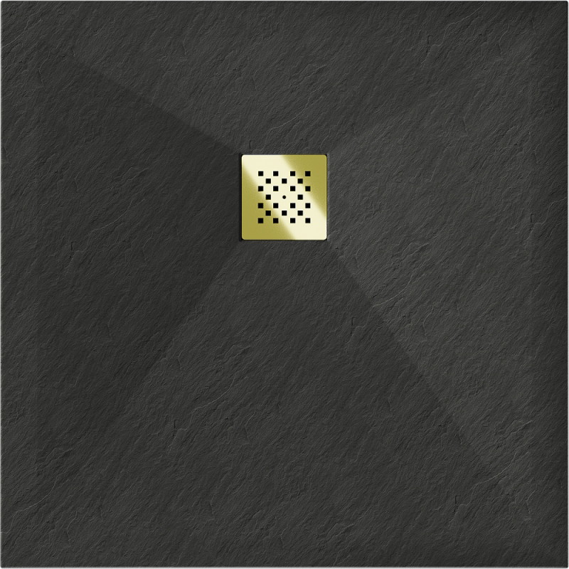 Mexen Stone+ kompozitová sprchová vanička štvorcová 100 x 100 cm, čierna, krytka zlatá - 44701010-G