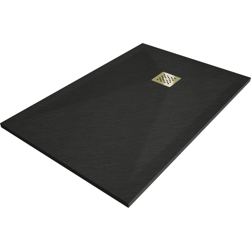 Mexen Stone+ kompozitová obdĺžniková sprchová vanička 100 x 90 cm, čierna, zlatá krytka - 44709010-G