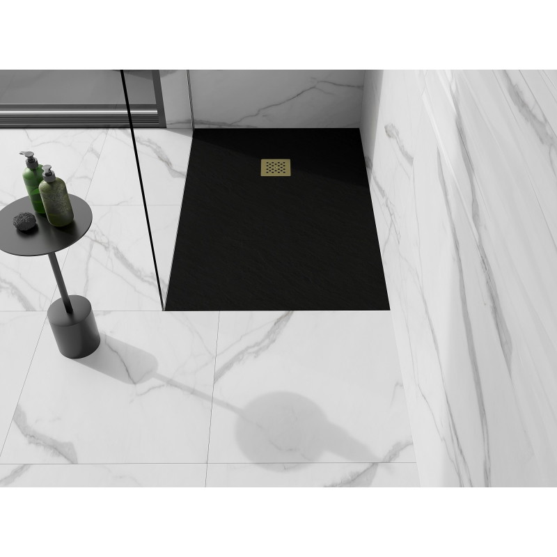 Mexen Stone+ kompozitná obdĺžniková vanička 80 x 70 cm, čierna, zlatá krytka - 44707080-G