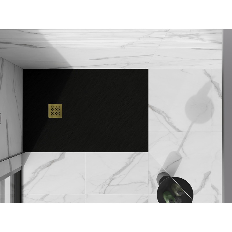 Mexen Stone+ lichobežníkový kompozitný sprchový kút 130 x 90 cm, čierny, zlatý kryt odtoku - 44709013-G