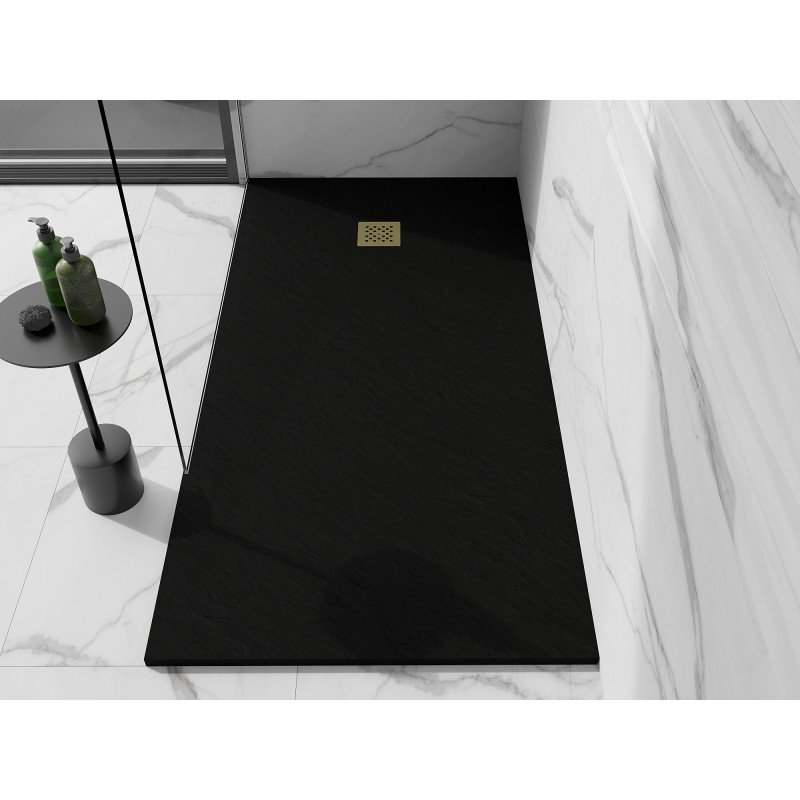 Mexen Stone+ rektangulárna kompozitná sprchová vanička 160 x 70 cm, čierna, zlatý kryt - 44707016-G