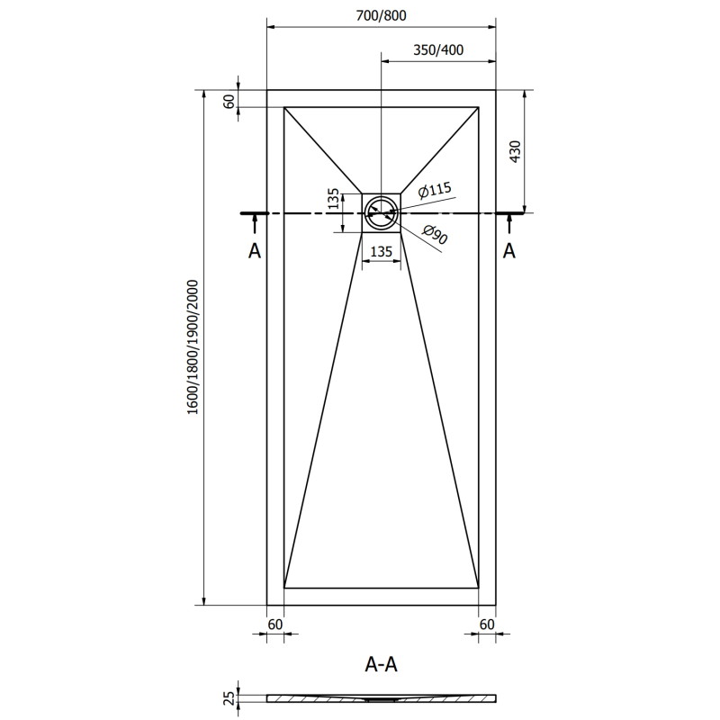 Mexen Stone+ priestorový kompozitný sprchový kút obdĺžnikový 200 x 80 cm, čierny, čierna mriežka - 44708020-B