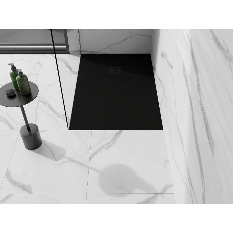 Mexen Stone+ kompozitová obdĺžniková sprchová vanička 140 x 90 cm, čierna, čierna krytka - 44709014-B