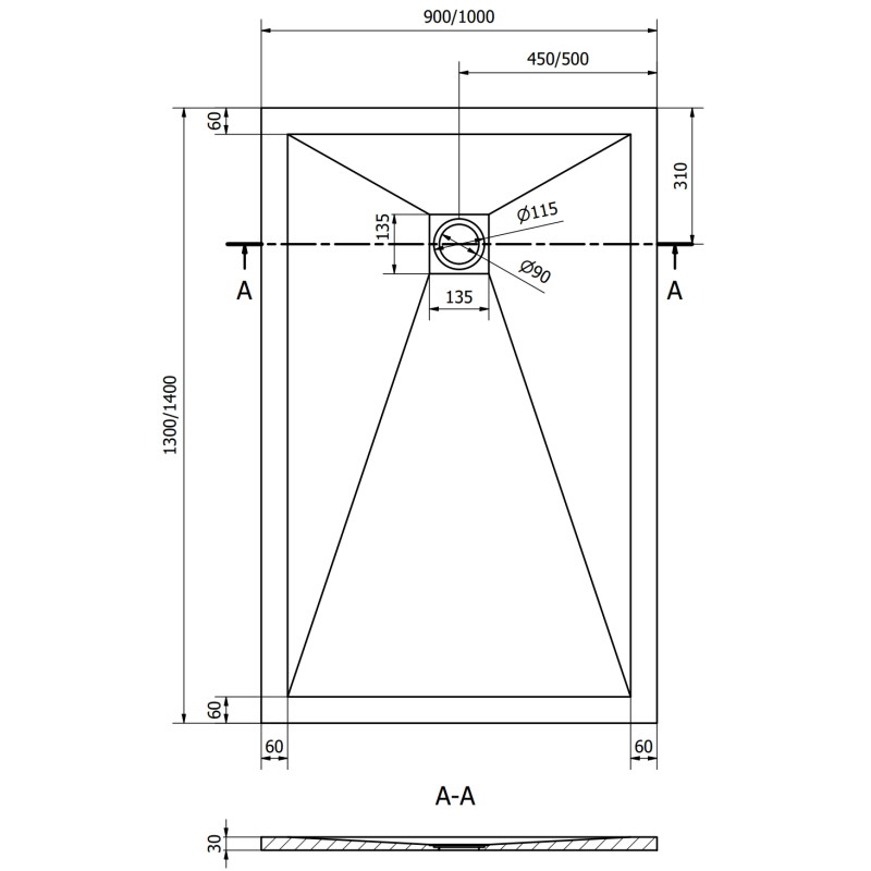 Mexen Stone+ rektangulárny kompozitný sprchový kút 140 x 100 cm, čierny, čierna maskovacia doska - 44701014-B