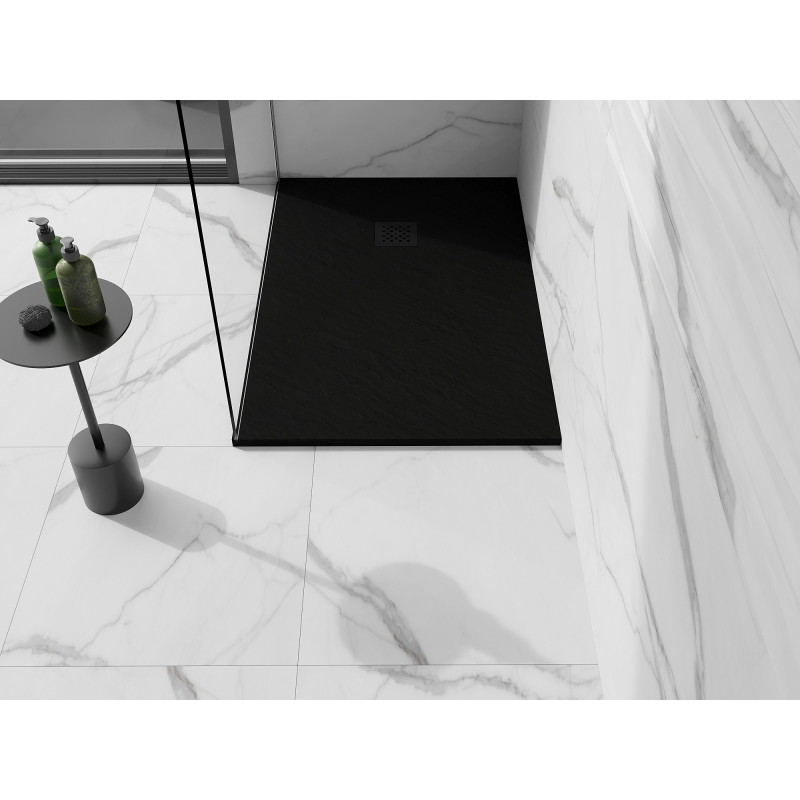 Mexen Stone+ rektangulárna kompozitová sprchová vanička 100 x 90 cm, čierna, čierny kryt - 44709010-B