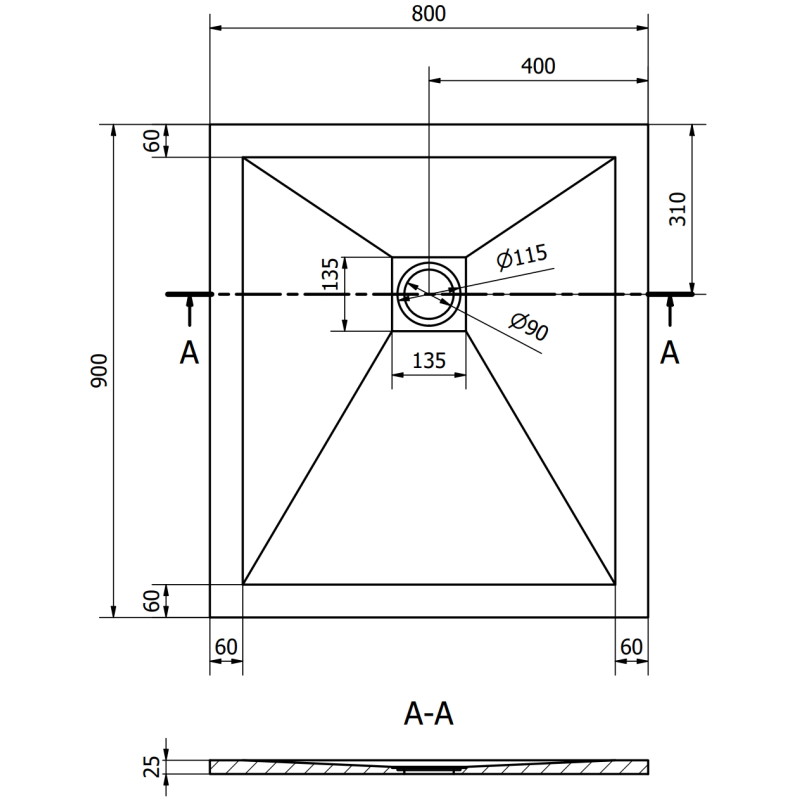 Mexen Stone+ obdĺžnikový kompozitný sprchový kút 90 x 80 cm, čierny, čierny kryt - 44708090-B