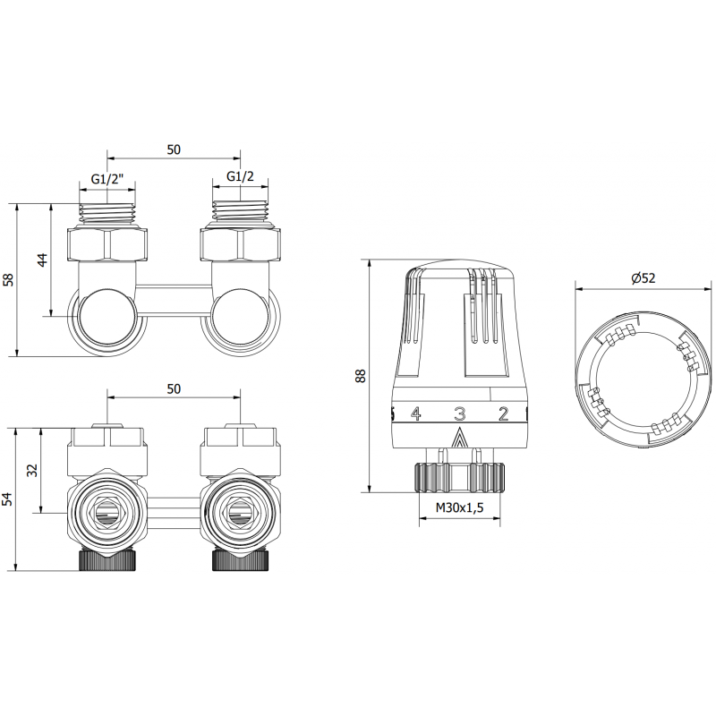 Mexen G01 termostatický set dvojrúrkový DN50, rohový 1/2"x16 mm, nikel - W911-016-918-01