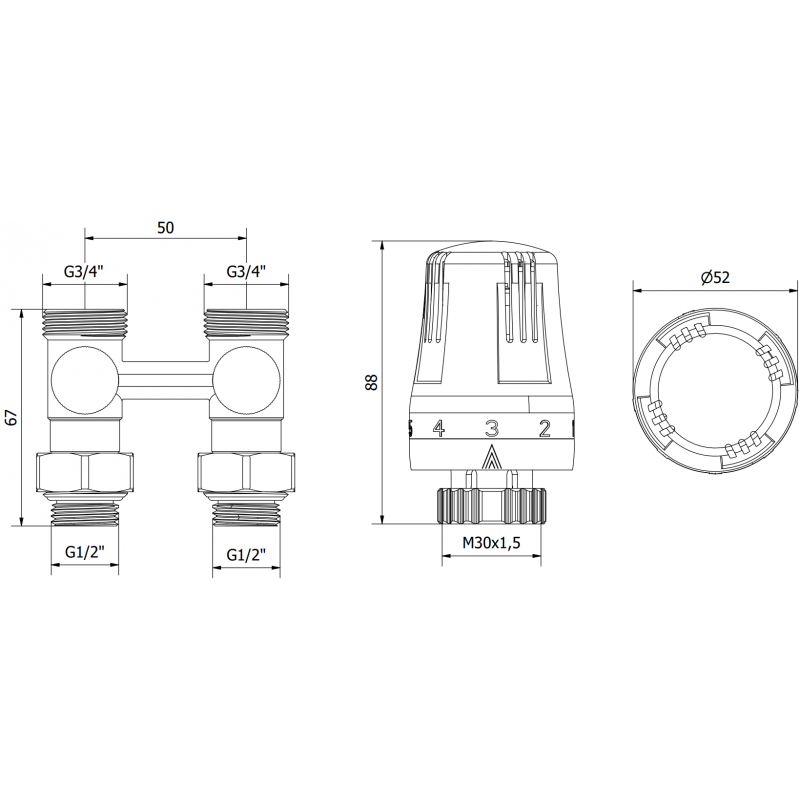 Mexen G01 dvojrúrová termostatická sada DN50, priama 1/2"x3/4", nikel - W912-012-918-01
