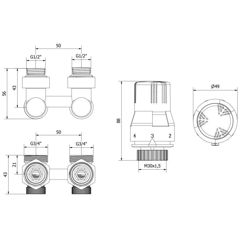 Mexen G02 termostatická sada DN50, uhlová 1/2"x3/4", nikel - W911-012-928-01