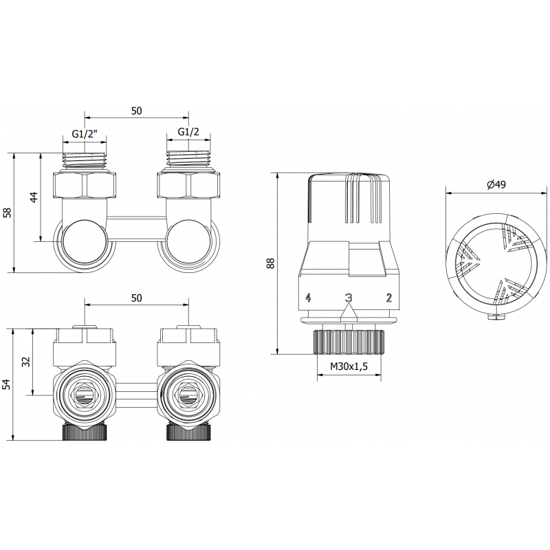 Mexen G02 dvojrúrová termostatická sada DN50, rohová 1/2"x16 mm, nikel - W911-016-928-01