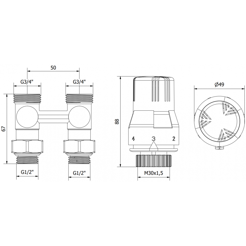 Mexen G02 dvojrúrová termostatická súprava DN50, rovná 1/2"x3/4", nikel - W912-012-928-01