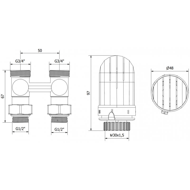 Mexen G03 dvojrúrkový termostatický set DN50, uhlový 1/2"x16 mm, nikel - W911-016-938-01