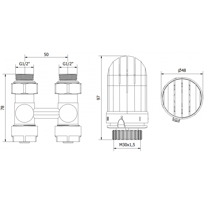 Mexen G03 termostatická súprava dvojrúrková DN50, rovná 1/2"x16 mm, nikel - W912-016-938-01