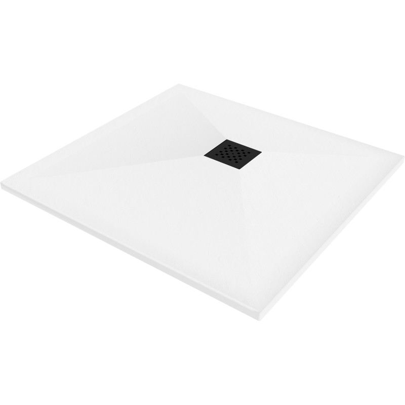 Mexen Stone+ štvorcová kompozitová sprchová vanička 90 x 90 cm, biela, čierna maskovacia mriežka - 44109090-B