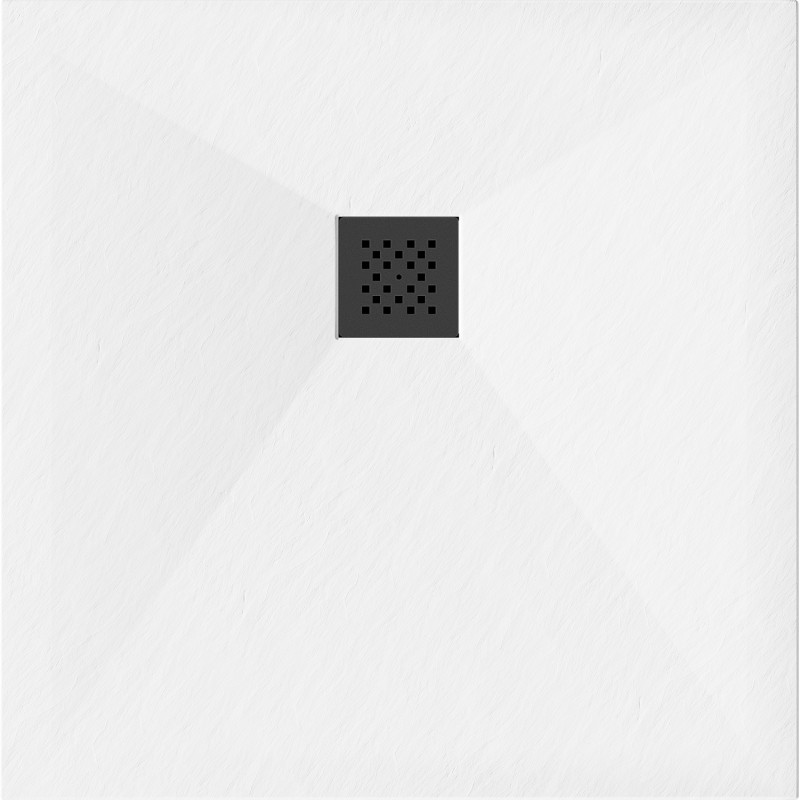 Mexen Stone+ štvorcová kompozitová sprchová vanička 90 x 90 cm, biela, čierna maskovacia mriežka - 44109090-B