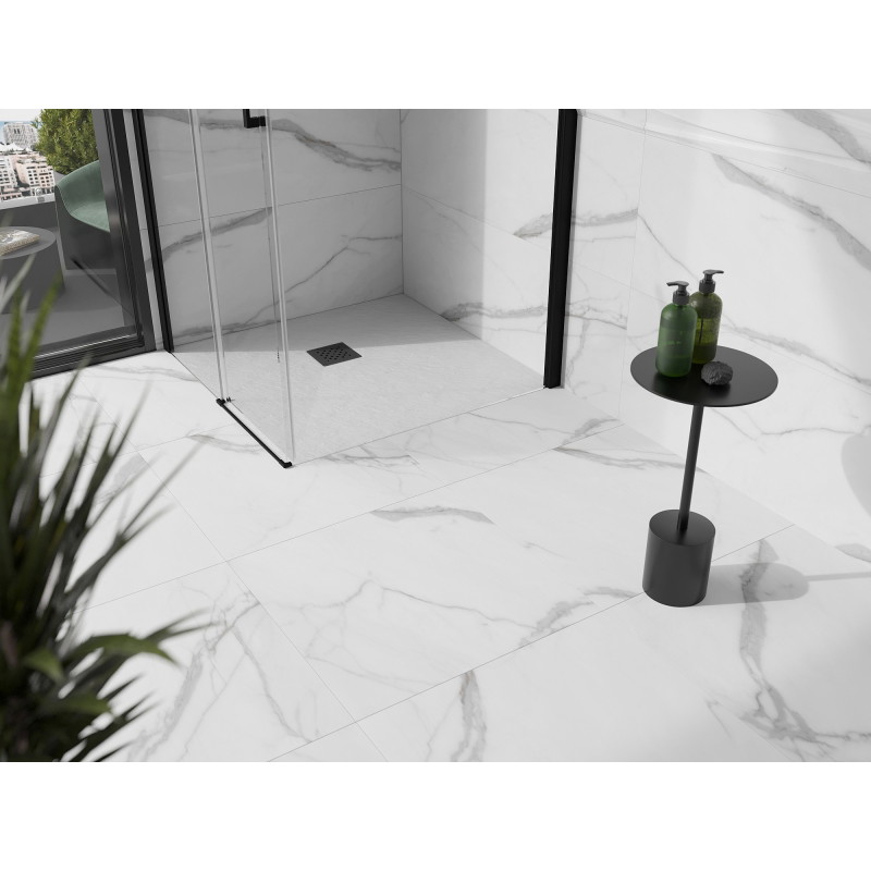 Mexen Stone+ štvorec sprchovej vaničky z kompozitu, 100 x 100 cm, biela, čierna maskovacia mriežka - 44101010-B