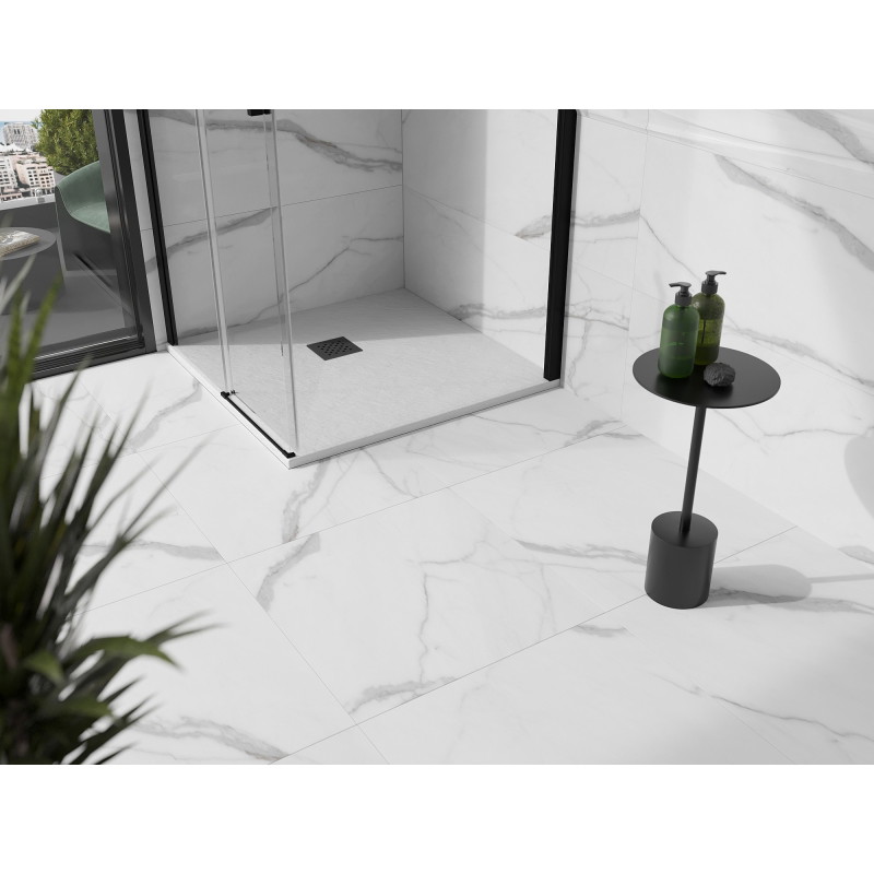 Mexen Stone+ štvorcová kompozitová sprchová vanička 90 x 90 cm, biela, čierna maskovacia mriežka - 44109090-B