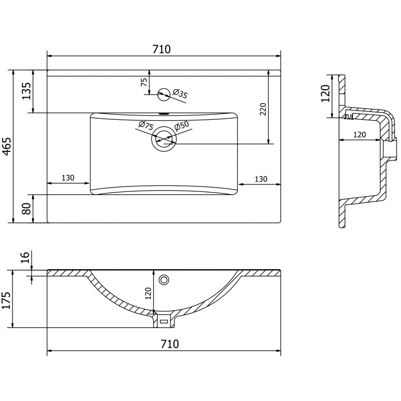 Mexen Atena zapustené umývadlo do dosky 71 x 46 cm, biele - 25017000
