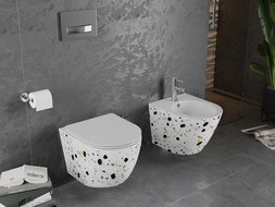 Mexen Lena WC misa Rimless so sedadlom s pomalým sklápacím slim, duroplast, biely kameň terrazo - 30224096
