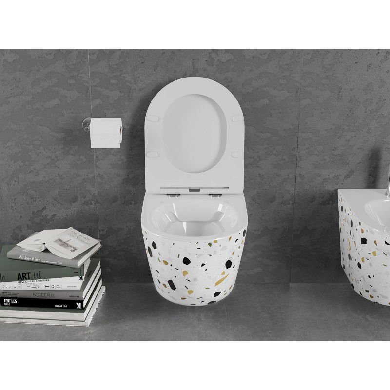 Mexen Lena WC misa Rimless so spomaleným zatváraním slim, duroplast, biely kameň terrazzo - 30224096