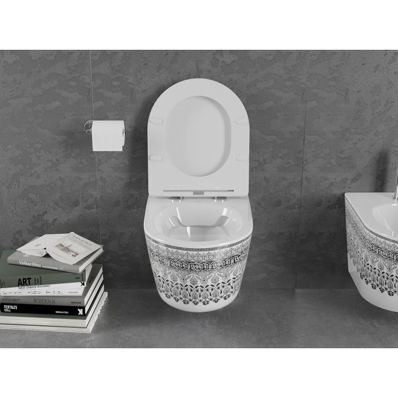 Mexen Lena WC misa Rimless s doskou so spomaleným zatváraním slim, duroplast, biela/čierny vzor - 30224095