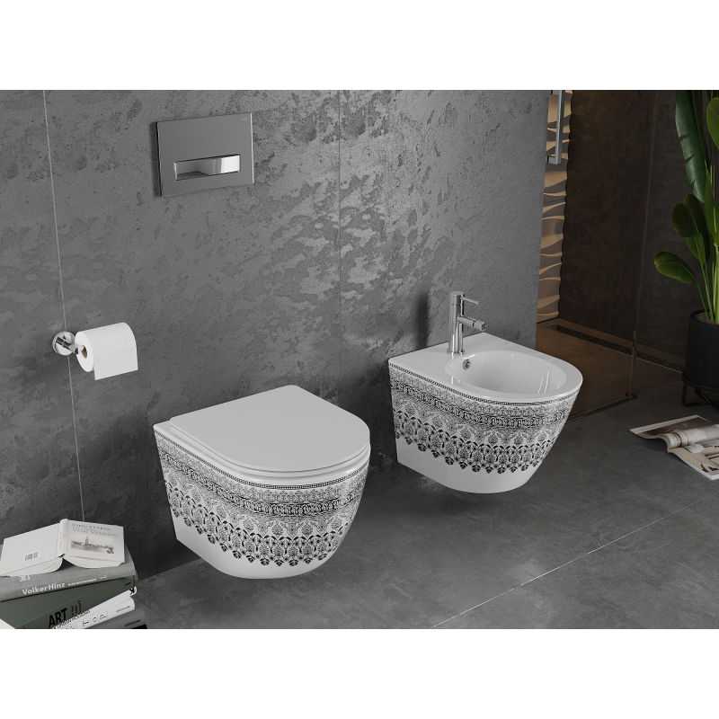 Mexen Lena WC misa Rimless s doskou so spomaleným zatváraním slim, duroplast, biela/čierny vzor - 30224095