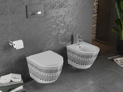 Mexen Lena WC misa Rimless s doskou so spomaleným zatváraním slim, duroplast, biela/čierny vzor - 30224095