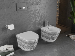 Mexen Lena WC misa Rimless so spomaľujúcim sedátkom slim, duroplast, biela/čierna vzor - 30224095