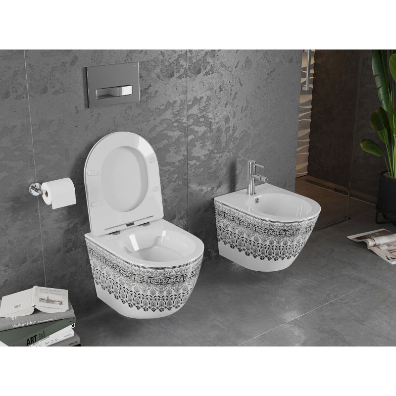 Mexen Lena WC misa Rimless s doskou so spomaleným zatváraním slim, duroplast, biela/čierny vzor - 30224095