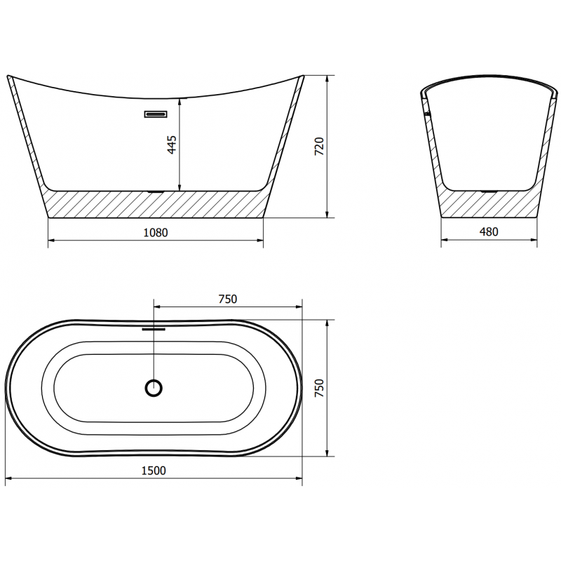 Mexen Montana voľne stojaca vaňa 150 x 75 cm, biela, prepad čierny - 52011507500-70