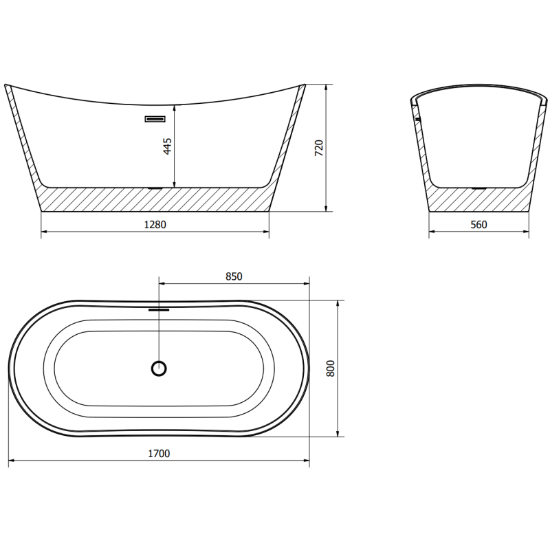 Mexen Montana voľne stojaca vaňa 170 x 80 cm, biela, prepad gun gray kartáčovaný - 52011708000-66