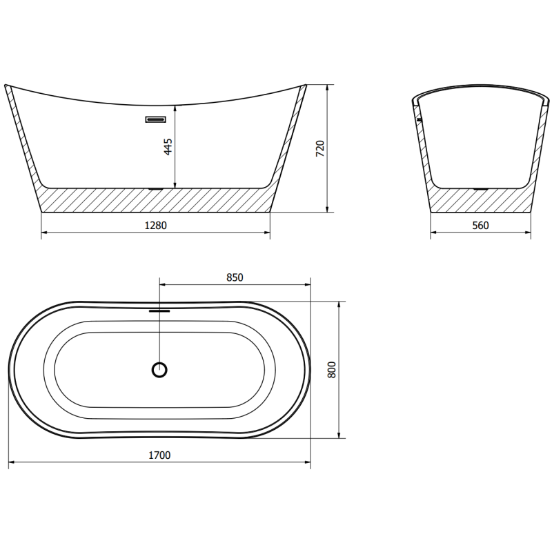 Mexen Montana voľne stojaca vaňa 170 x 80 cm, biela/čierna, prepad biely - 52011708075-20