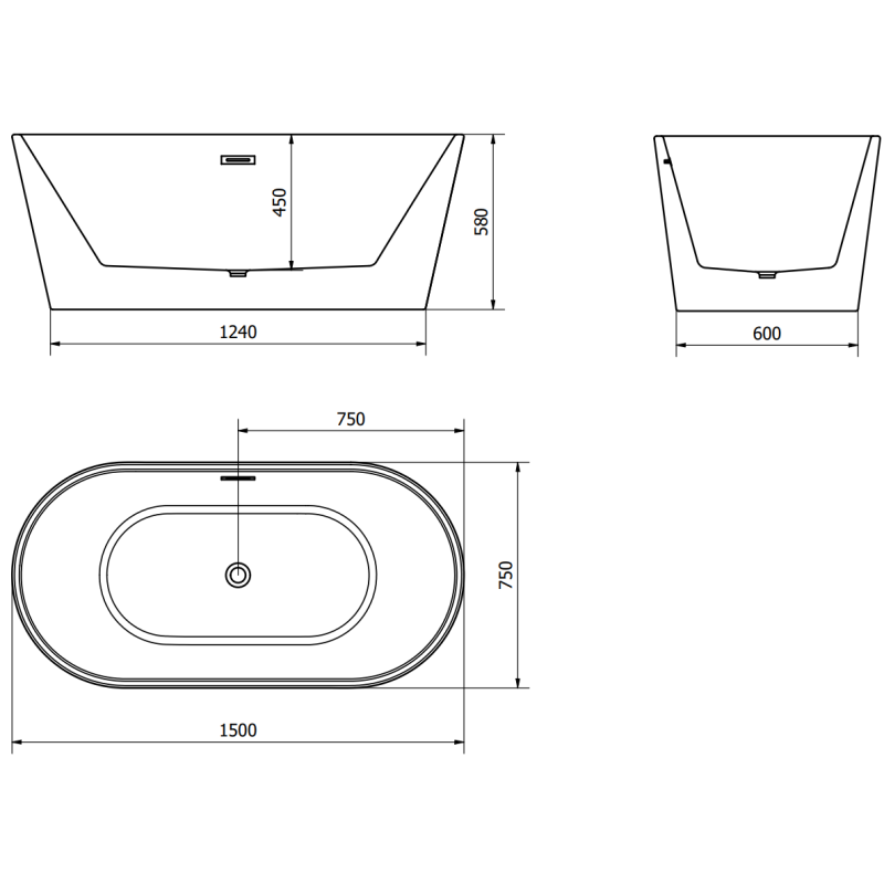 Mexen Luna voľne stojaca vaňa 150 x 75 cm, biela, biely prepad - 52031507500-20