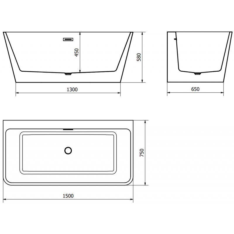 Mexen Volta voľne stojaca pri stene vaňa 150 x 75 cm, biela/čierna, preliv gun gray kartáčovaný - 51131507575-66