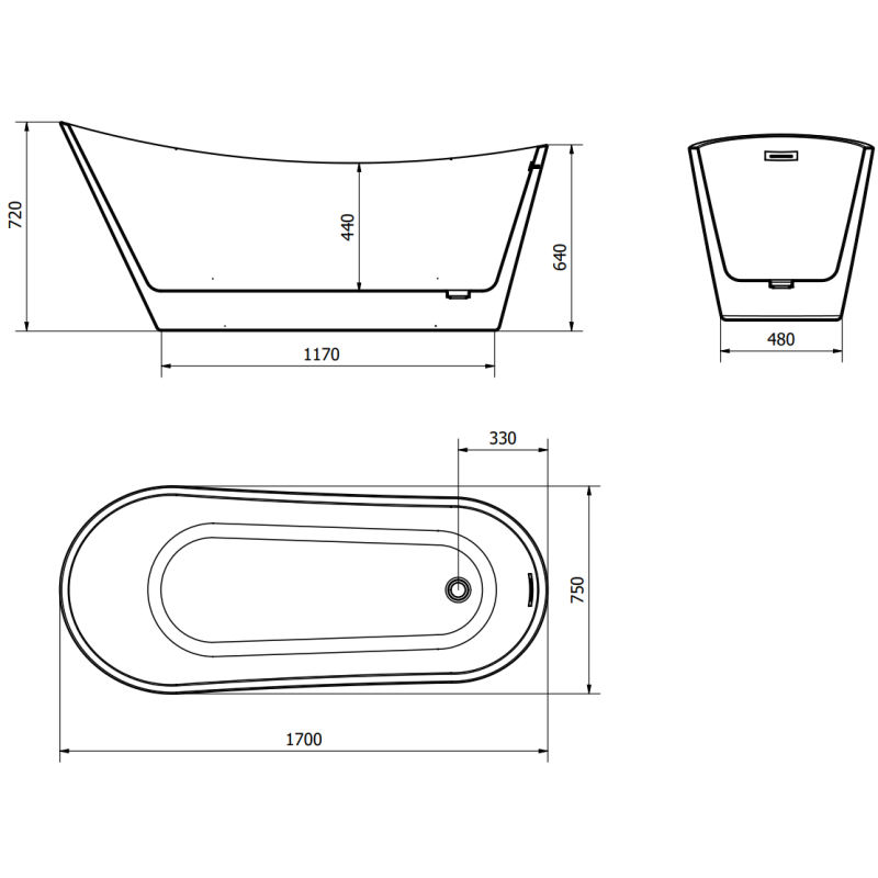 Mexen Alta voľne stojaca vaňa 170 x 75 cm, biela, čierny preliv - 52141707500-70