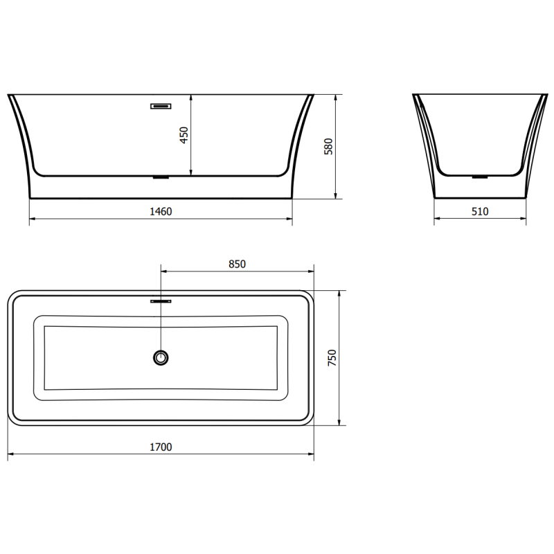 Mexen Tonia samostatne stojaca vaňa 170 x 75 cm, biela, prepad gun metal - 52171707500-95