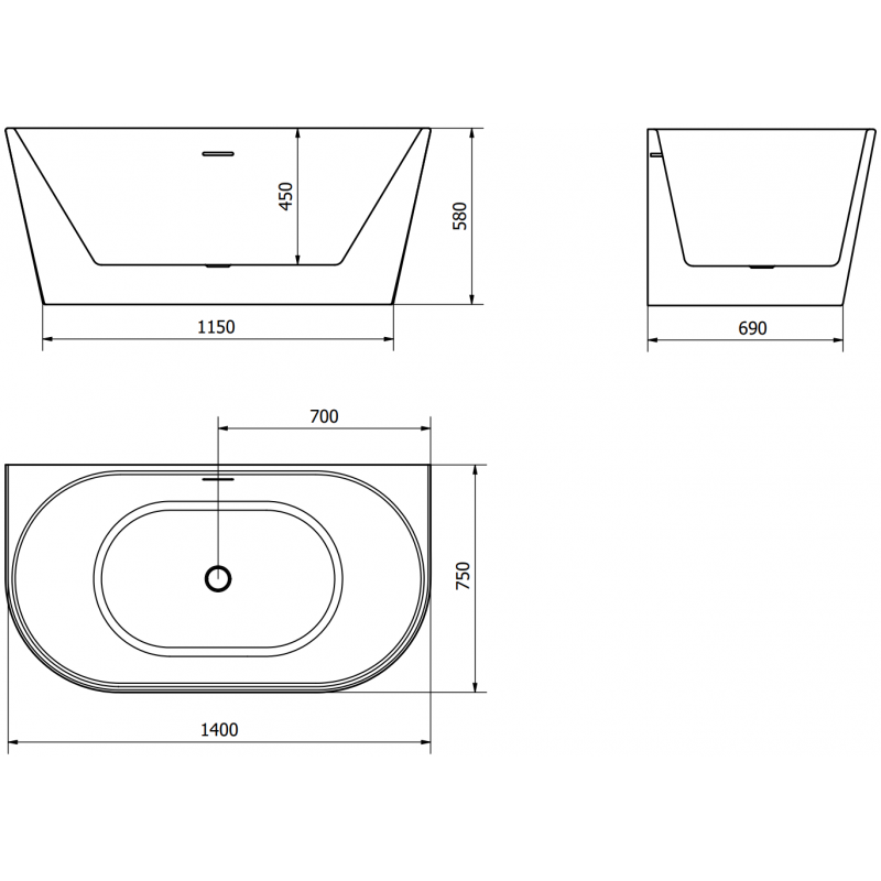 Mexen Oval voľne stojaca vaňa pri stene 140 x 75 cm, biela, prepad brúsená meď - 52671407500-65