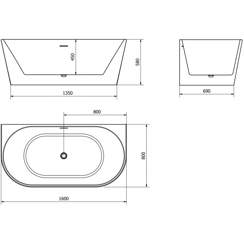 Mexen Oval voľne stojaca pri stene 160 x 80 cm, biela, prepad brúsený nikel - 52671608000-97